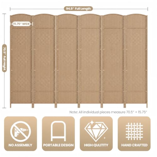 6 Panel Folding Room Divider,Woven Privacy Screen,Light Beige | Solid wood frame, handcrafted diamond pattern, 6FT tall, extends to 94.5 inches wide, no assembly required - color: Light Beige, size: 6-Panel
