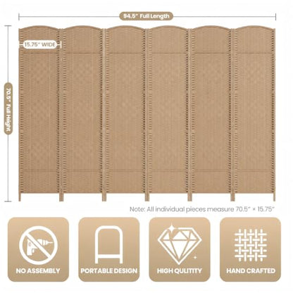 6 Panel Folding Room Divider,Woven Privacy Screen,Light Beige | Solid wood frame, handcrafted diamond pattern, 6FT tall, extends to 94.5 inches wide, no assembly required - color: Light Beige, size: 6-Panel