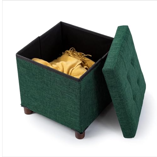 15 Inches Storage Ottoman with Wooden Legs, Cube Foot Rest Stool/Square Footstool Storage for Living Room, Foldable Fabric Ottoman, Comfortable Seat with Lid, Space-Saving Green