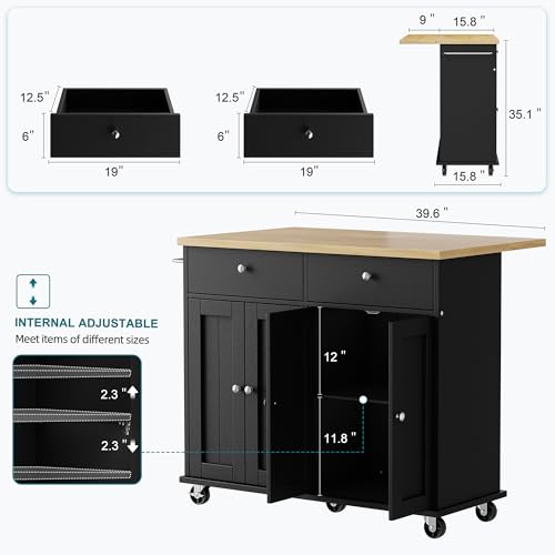 Shintenchi Kitchen Island with Drop Leaf, Rolling Kitchen Cart with Storage on Wheels, Table Bar Cart for Kitchen with Towel Rack & Seating Area for Dining Room, Black - color: Black and Natural