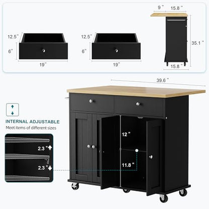 Shintenchi Kitchen Island with Drop Leaf, Rolling Kitchen Cart with Storage on Wheels, Table Bar Cart for Kitchen with Towel Rack & Seating Area for Dining Room, Black - color: Black and Natural