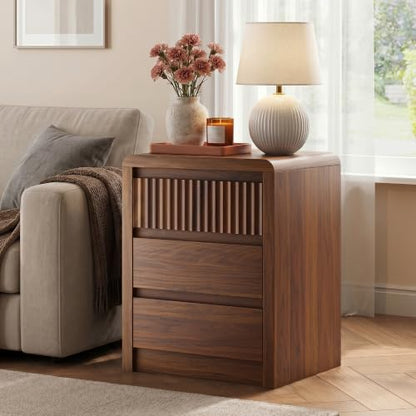 LYNSOM Fluted Nightstand Set of 2, Wood End Table with 3 Drawer, Walnut | Mid Century Modern Night Stand with Stoarge, Bedside Table with Curved Profile Design for Living Room, Office, 20" W - color: Walnut, size: 3 Drawers