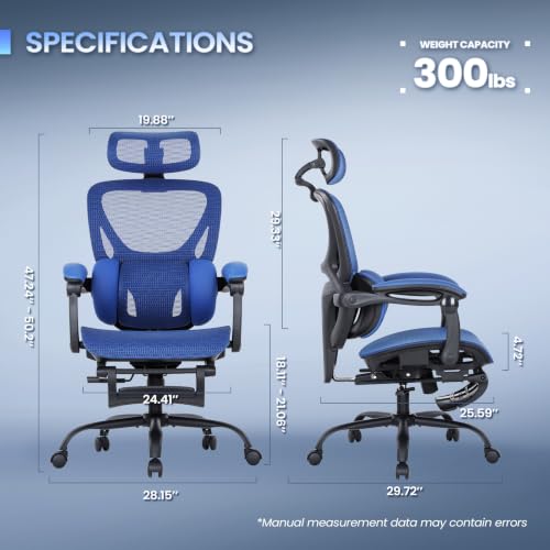MALOL Ergonomic Mesh Office Chair with Footrest, Executive High Back Computer Desk Chair with 3D Adjustable Headrest & 5-Level Lumbar Support, Track Armrest, Tilt Lock, 300LBS, Blue - color: Blue