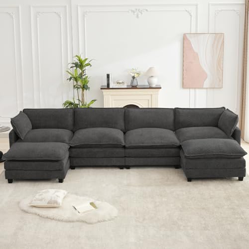 ROWHY Oversized Modular Sectional Couch with 2 Movable Ottoman, 148" Modern Convertible U Shaped Sofa Set, 4 Seat Comfy Cloud Couch with 2 Throw Pillows, for Living Room, Chenille, Charcoal Grey - color: Chenille Dark Grey, size: 6 Seats U-Shaped