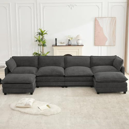 ROWHY Oversized Modular Sectional Couch with 2 Movable Ottoman, 148" Modern Convertible U Shaped Sofa Set, 4 Seat Comfy Cloud Couch with 2 Throw Pillows, for Living Room, Chenille, Charcoal Grey - color: Chenille Dark Grey, size: 6 Seats U-Shaped