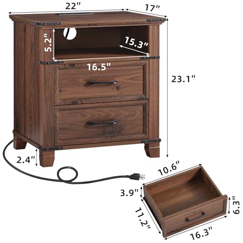 Farmhouse Night Stand with Charging Station, Brown | 2 Drawers End Tables Bedroom, Bedside Table with Metal Handles & Solid Wood Foot & Open Shelf - color: Brown