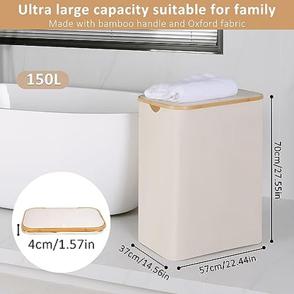 IEGrow Laundry Hamper with Lid,150L Laundry Basket with 2 Mesh Bags,Beige | Dirty Clothes Hamper Basket with Bamboo Handle for Clothes Towels - color: Beige, size: 150L
