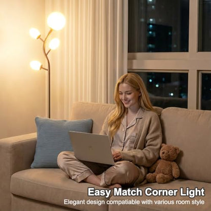 Fiqevs 4 Globe Floor Lamp for Living Room, Mid Modern Standing Tree Lamp | 3000K Warm Light, 4 LED Bulbs Included, Sphere Ball Frosted Glass Shade Tall Lamp for Bedroom/Office, Antique Brass/Gold - color: 4 Globe Tree- Gold
