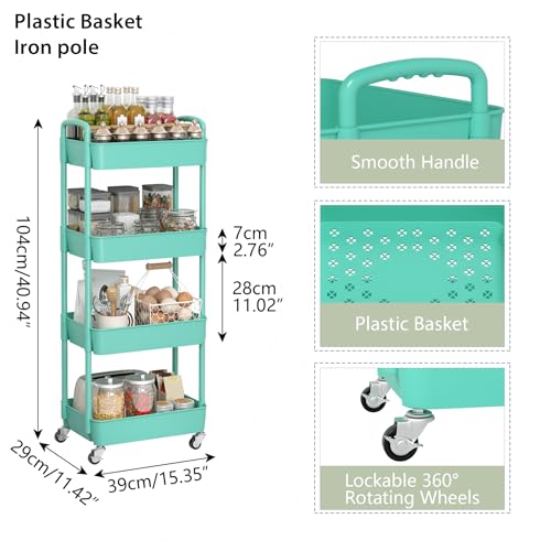 Sywhitta 4-Tier Plastic Rolling Utility Cart with Wheels for Storage,Green | Multi-Functional Storage Trolley, for Office, Living Room, Kitchen, Bathroom,Movable Organizer,Space-Saving,Easy to assemble - color: Green, size: 4-tier