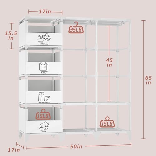 Portable Closet, Easy Assembly, Large Capacity Wardrobe Closet | Sturdy and Stable Clothes Rack with Shelves 4 Storage Baskets and 2 Hanging Rods, for Bedroom and Cloakroom 50 In White - color: White