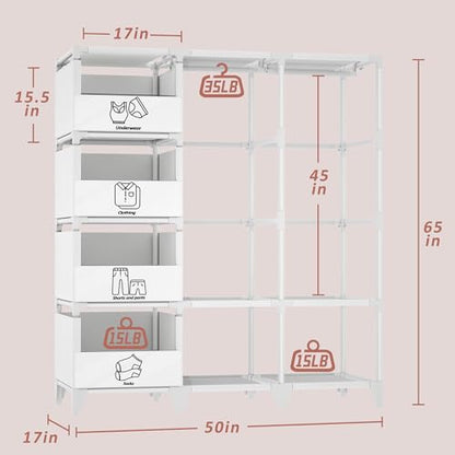 Portable Closet, Easy Assembly, Large Capacity Wardrobe Closet | Sturdy and Stable Clothes Rack with Shelves 4 Storage Baskets and 2 Hanging Rods, for Bedroom and Cloakroom 50 In White - color: White