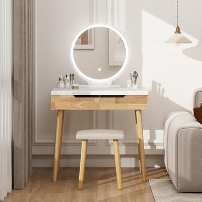 YOURLITE Makeup Vanity Desk with Lighted Mirror & Stool | 31.5" Makeup Table, 3 Lighting Modes, Adjustable Brightness, 2 Drawers, Cushioned Stool, Round Mirror - size: 31.5", style: Round Mirror Wooden