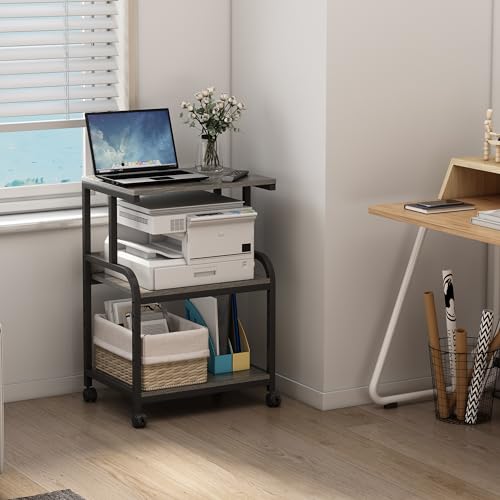 Fannova 3 Tier Gray Printer Stand with Height Adjustable Storage Shelf | 21.7"x15.7"x31.6" Printer Table for Home Office Small Spaces Organization, Rolling Printer Cart with Wheels - color: Grey