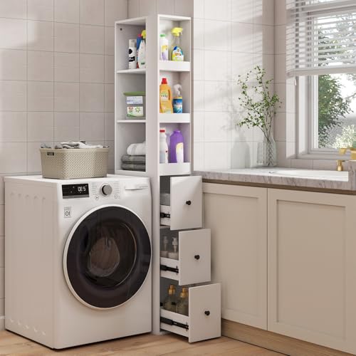ARTETHYS Tall Narrow Bathroom Storage Cabinet with Side Rack & Drawers | 3-Level Adjustable Shelves, Slim Free Standing Space Saver Organizer for Living Room Kitchen, Classic White - color: White With Side Rack