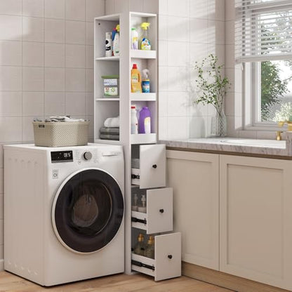 ARTETHYS Tall Narrow Bathroom Storage Cabinet with Side Rack & Drawers | 3-Level Adjustable Shelves, Slim Free Standing Space Saver Organizer for Living Room Kitchen, Classic White - color: White With Side Rack