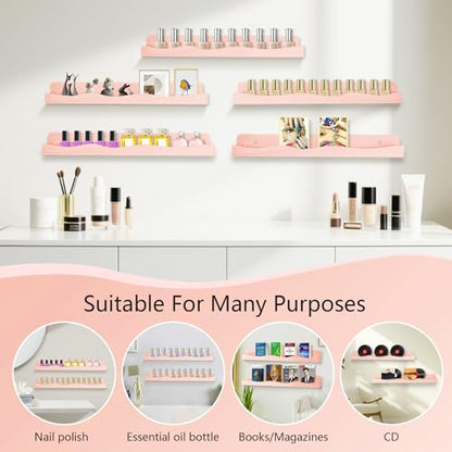 Nail Polish Wall Rack, 6-Shelf 15-Inch Light Pink Acrylic Nail Polish Shelves with Removable Ends – Multi-Purpose Shelf for Essential Oils, Cosmetics Storage and Display for Salons and Bathrooms - color: Light Pink