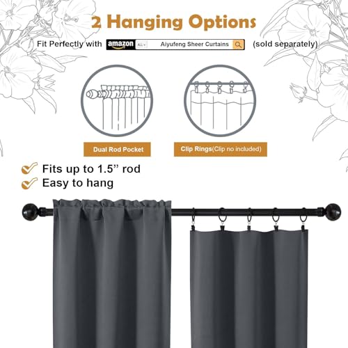 Aiyufeng Grey Short 36 Inches Blackout Curtain 2 Panels Set, Half Window Rod Pocket Privacy Tiers for Kitchen, Curtains Blackout for Bathroom Shades, W40 x L36 Inch, Grey - color: Charcoal, size: 40"W x 36"L (Pack of 2)