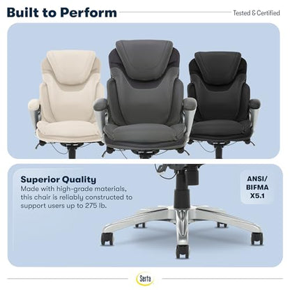 Serta Bryce Executive Office Chair - Ergonomic Computer Desk Chair with Patented AIR Lumbar Technology - Adjustable Height - Memory Foam Body Pillows - 360° Swivel Rolling Base - Bonded Leather - Gray - color: Grey
