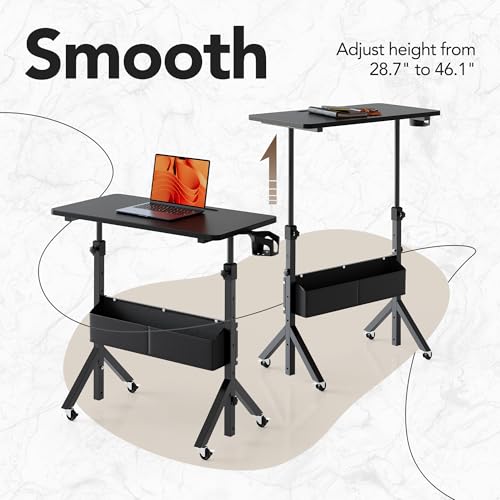 HUANUO Portable Standing Desk Adjustable Height, Mobile Stand Up Desk for Walking Pad and Treadmill, Rolling Computer Table with Wheels, 31.5"x15.75" Height 28.7"-46.1", Black - color: Black