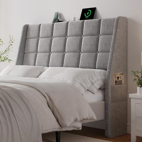 Ergonomic Upholstered Full Size Headboard w/Charging Station, Linen Wingback Headboards w/Storage Pocket, Full Headboard Only, Bed Frame Adapters, Sturdy Solid Wood Bed Head Board, Light Grey - color: Gray, size: Full