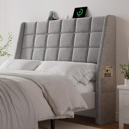 Ergonomic Upholstered Full Size Headboard w/Charging Station, Linen Wingback Headboards w/Storage Pocket, Full Headboard Only, Bed Frame Adapters, Sturdy Solid Wood Bed Head Board, Light Grey - color: Gray, size: Full