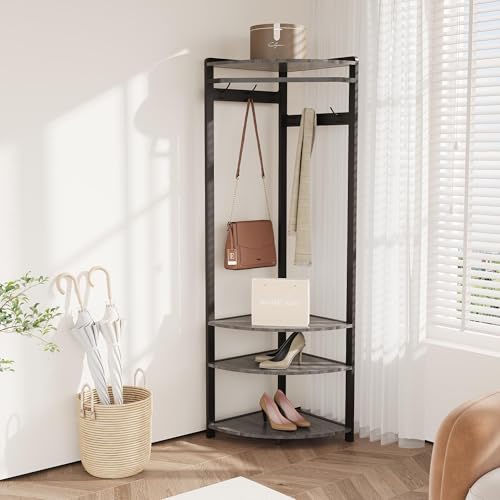 Corner Hall Tree with Shoe Bench & 6 Double Hooks, Space-Saving Entryway Corner Coat Rack with Storage Organizer & Shelf, Multi-Functional Hallway Storage Tree for Entryway, Hallway, Rustic Grey