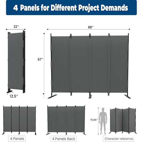 Room Divider 4 Panel Folding Screen 6ft Portable Wall Partition Room Divider with 3 Metal Feet,Privacy Screen Indoor Doubles as a Cubicle Wall,Suitable for Bedroom Living Room Office,Grey - color: Grey, size: 4 Panel-Upgrade