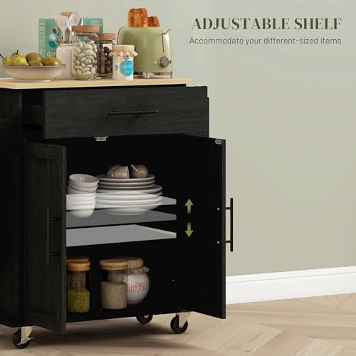 HOMCOM Kitchen Island with Storage Microwave Stand AC Outlets Black | USB Ports, Rolling Kitchen Cart, Towel Rack, Spice Rack - color: Black