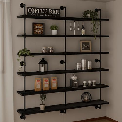 HDDFER Floating Shelves for Wall Living Room Shelves Bookshelf Industrial Pipe Shelving Shelf Real Wood Planks 60 inch Rustic Wall Shelves Hanging Bookshelves Farmhouse Kitchen Bar Shelving - color: Black, size: 6Tier60in