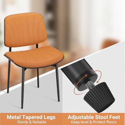 Dining Chairs Set of 2, Mid-Century Modern Upholstered PU Leather Chairs | with Walnut Back and Metal Legs Adjustable Feet for Kitchen Dining Room, Orange Shell Strips - color: Orange Shell Strips