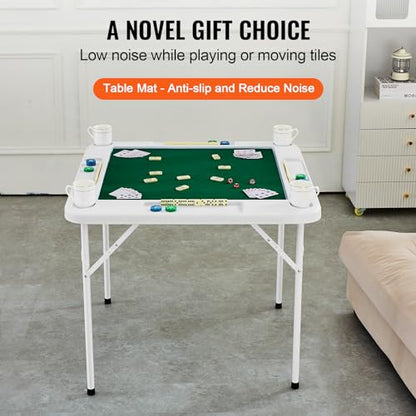 VEVOR Mahjong Table, 4 Player Folding Domino Table with Wear-Resistant Green Tabletop, Portable Square Card Table with 4 Cup Holders & 4 Chip Trays for Mahjong Poker Puzzles, 35.4 x 35.4-inch - color: Green