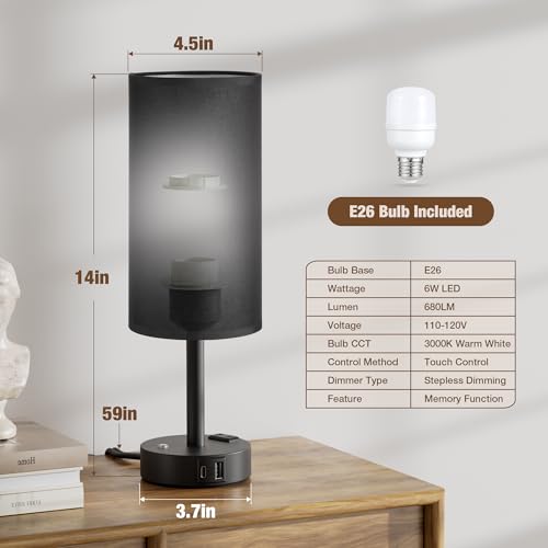 Black Touch Bedside Lamp for Bedroom, Stepless Dimmable, USB A+C, AC Outlet | Base Touch Button Only, Memory Brightness, Ultra-dim Night Light, Included Bulb for Optimal Dimming, Black Fabric Shade, Desk - color: Black & Black