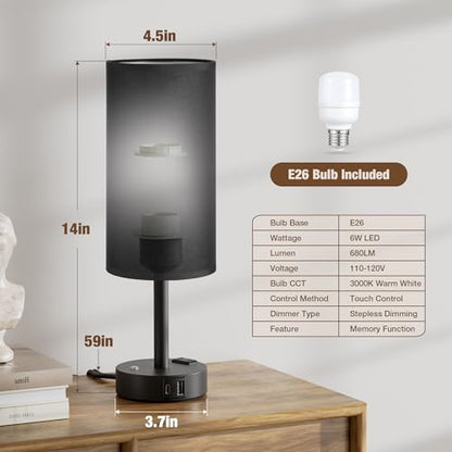 Black Touch Bedside Lamp for Bedroom, Stepless Dimmable, USB A+C, AC Outlet | Base Touch Button Only, Memory Brightness, Ultra-dim Night Light, Included Bulb for Optimal Dimming, Black Fabric Shade, Desk - color: Black & Black