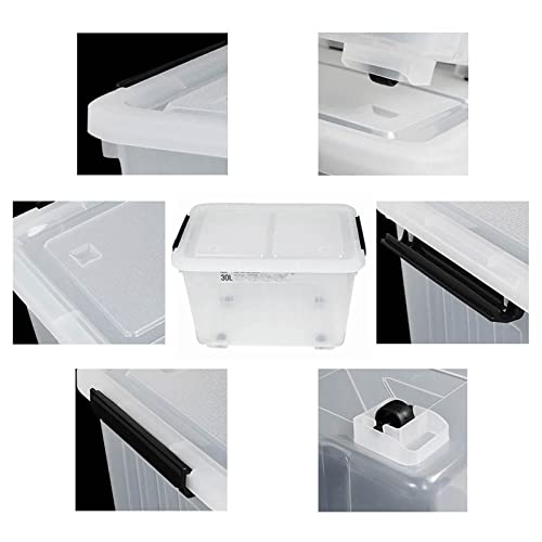 4 Packs 30 L Clear Large Storage Boxes Container with Lids and Wheels | Clear Translucent Design, Secure Latch Lock Lids, Smooth Rolling Wheels, for Home Office Garage Use - size: 30 L
