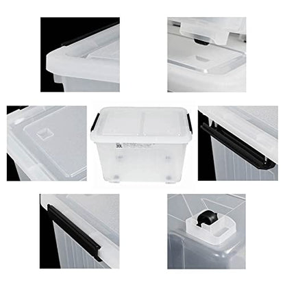 4 Packs 30 L Clear Large Storage Boxes Container with Lids and Wheels | Clear Translucent Design, Secure Latch Lock Lids, Smooth Rolling Wheels, for Home Office Garage Use - size: 30 L