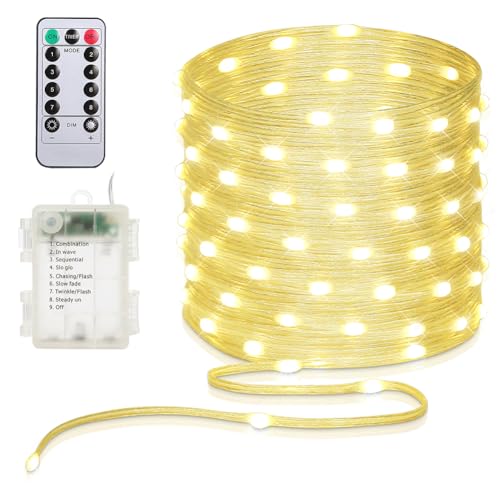 Battery Operated String Lights, 33ft 100 LED Fairy String Lights Battery Powered w/Remote & Timer for Indoor Outdoor Christmas Trees Wreath Decoration Bedroom Patio - Warm White - color: Clear Wire - Warm White