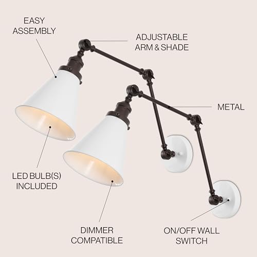 JONATHAN Y Rover 1-Light Wall Sconce 7", White/Oil Rubbed Bronze, Set of 2 | Adjustable Arm, Hardwired Bedside Reading Swing Arm, Farmhouse Cone Shade, Metal Hardwired Indoor Fixture, LED Bulbs Included - color: White/Oil Rubbed Bronze, size: Set of 2