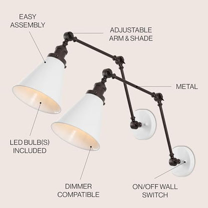 JONATHAN Y Rover 1-Light Wall Sconce 7", White/Oil Rubbed Bronze, Set of 2 | Adjustable Arm, Hardwired Bedside Reading Swing Arm, Farmhouse Cone Shade, Metal Hardwired Indoor Fixture, LED Bulbs Included - color: White/Oil Rubbed Bronze, size: Set of 2