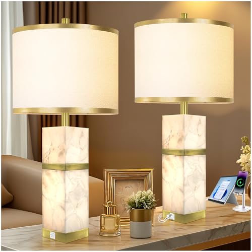 Scenekoy 27" Alabaster Table Lamps Set of 2 with Night Light for Bedroom | Nightstand Lamps with USB A+C Ports, Bedside Lamps with Linen Shade for Living Room, Bedroom, Office, Bar, (Bulb Included) - color: Gold