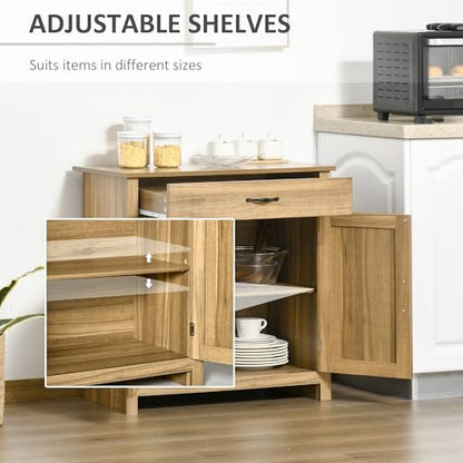 HOMCOM Farmhouse Sideboard Buffet Cabinet Barn Door Natural Wood Effect | Coffee Bar Cabinet, Drawer, Adjustable Shelf, Kitchen, Living Room, Entryway - color: Natural Wood Effect