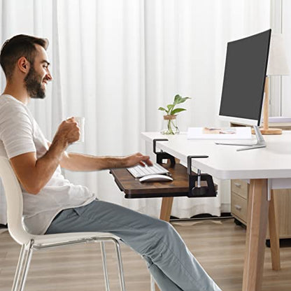 ETHU Keyboard Tray Under Desk, 26.77" X 11.81" Large Size Keyboard Tray with C Clamp-on Mount Easy to Install, Computer Keyboard Stand, Ergonomic Keyboard Tray for Home and Office - color: Woodgrain