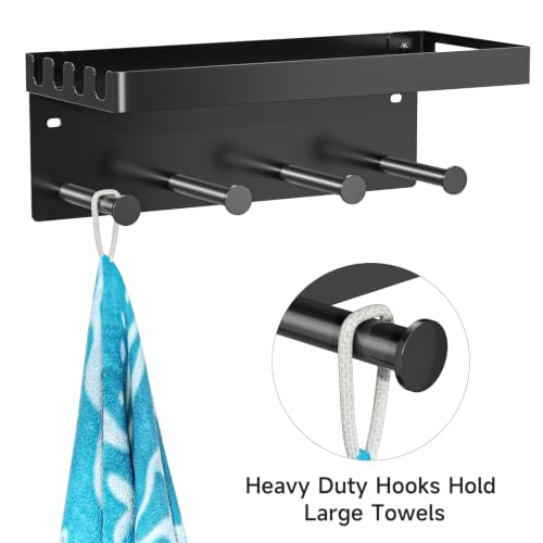 Pool Towel Racks with Shelf Wall Mounted, Pool Towel Holder Outdoor with 4 Hooks, Metal Towel Hanger Pool Accessories Organizer for Robe, Towel, Coat, Swimsuit, Bag, Keys