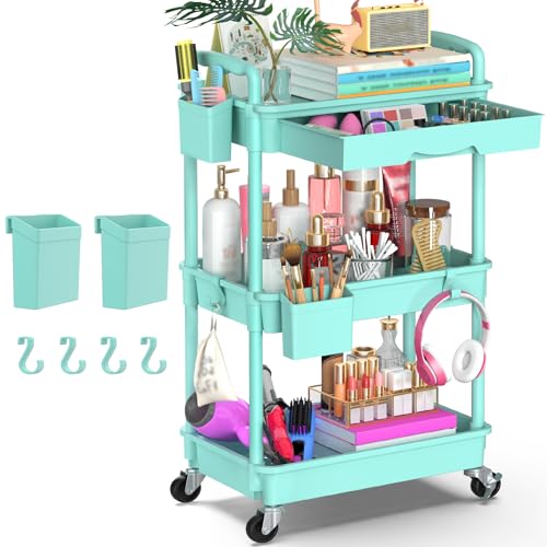 Goovilla 3 Tier Rolling Utility Cart Organizer with Removable Drawer, Blue | Stable and Sturdy Rolling Storage Carts with 2 Lockable Wheels for Bathroom, Kitchen, Snack, Craft, Makeup, Baby Essentials - size: 3 Tier, style: Blue