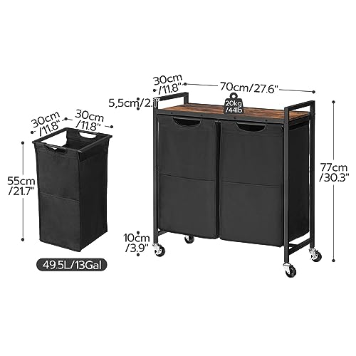 HOOBRO Laundry Hamper, Laundry Sorter 2 Section, 2 × 13 Gal (49.5L), Laundry Basket with Wheels, Rolling Cart, Pull-Out and Removable Oxford Fabric Bags, Rustic Brown and Black BF72XY01