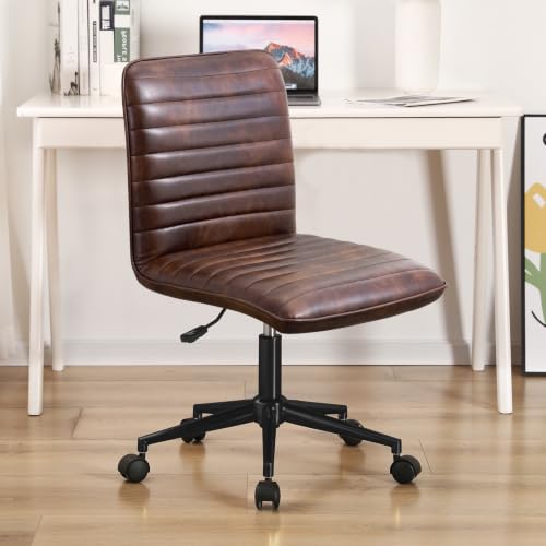 Furnimart Armless Swivel Rolling Desk Chair, Adjustable Faux Leather Vanity Chair with Gold Legs, Cute Task Chair with Wheels for Living Room Bedroom Studying Small Places(Dark Brown) - color: Dark Brown-faux Leather