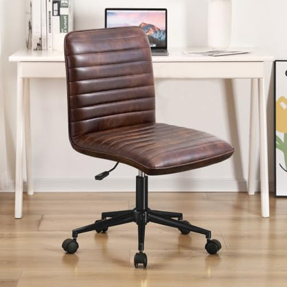 Furnimart Armless Swivel Rolling Desk Chair, Adjustable Faux Leather Vanity Chair with Gold Legs, Cute Task Chair with Wheels for Living Room Bedroom Studying Small Places(Dark Brown) - color: Dark Brown-faux Leather