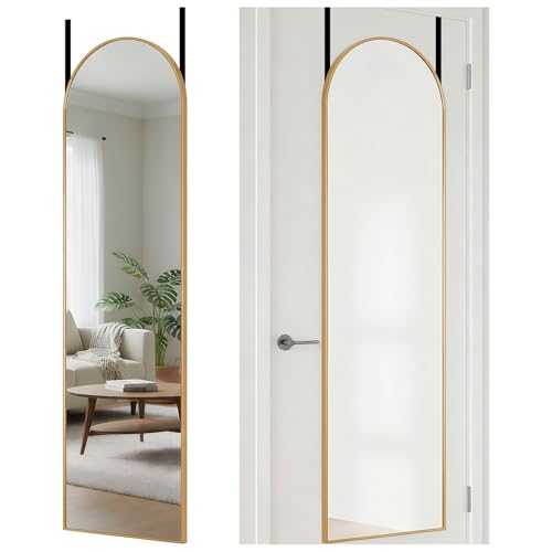 DUMOS Full Length Mirror 47x14 Inches - Arched Full Body Door Hanging Wall Mounted Aluminum Alloy Frame Mirrors for Bedroom, Dressing Room, Entryway, Gold - color: Gold-arch, size: 46.6"L x 13.6"W