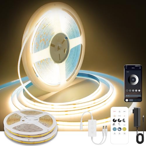 Pandery COB LED Strip Lights Warm White,24V Dimmable led Light Strip KIT with Remote and app Control,3000K 50FT/15m 8mm Wide Ra>90 Cuttable Flexible Strip Lights for Bedroom,Wardrobe,Cabinet - color: 3000K Warm white, size: 50FT