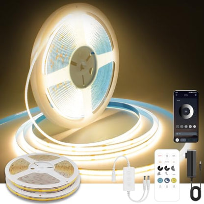 Pandery COB LED Strip Lights Warm White,24V Dimmable led Light Strip KIT with Remote and app Control,3000K 50FT/15m 8mm Wide Ra>90 Cuttable Flexible Strip Lights for Bedroom,Wardrobe,Cabinet - color: 3000K Warm white, size: 50FT