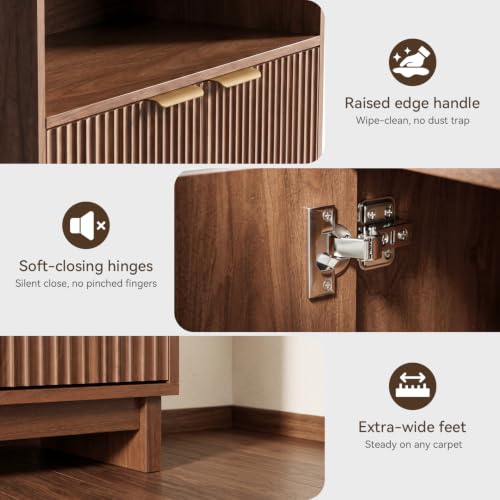 Buffet Cabinet with Storage, 31.5" Wide Kitchen Sideboard, Walnut | Mid Century Modern Wood Fluted Cabinet with Doors& Adjustable Shelves for Entryway Living Room Hallway Coffee Bar Dining Room - color: Walnut